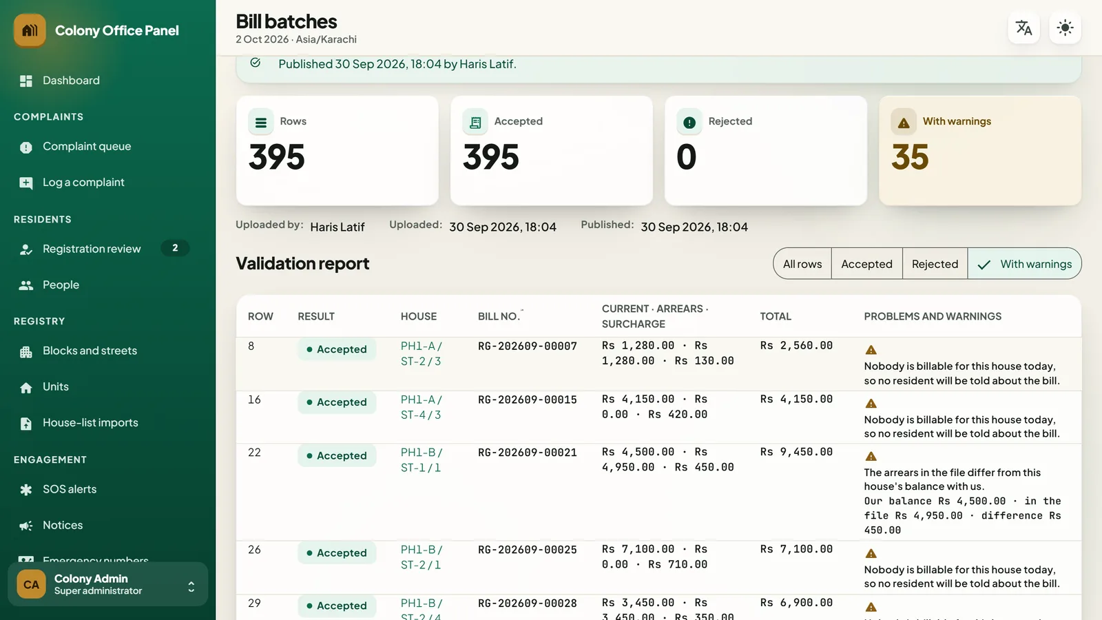 Monthly bill batch import with validation report and publish controls